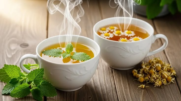 Kopje kamille-munt thee met verse kruiden ernaast op een tafel
